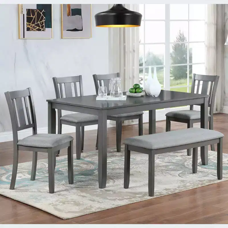 MAYEERTY 6-Piece Dining Set for 6, Wooden Rectangular Table + 4 Upholstered Chairs & Bench, Gray