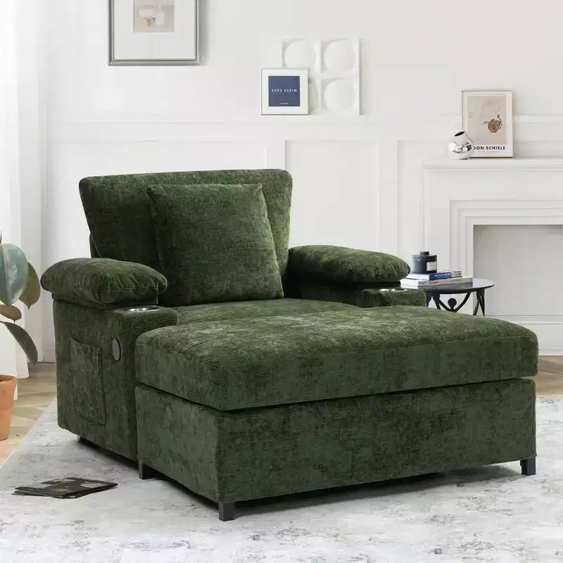 MAYEERTY Oversized Chenille Sofa with Ottoman with Cupholders Lumbar Support for Back Pain Relief for Living Room Office Green