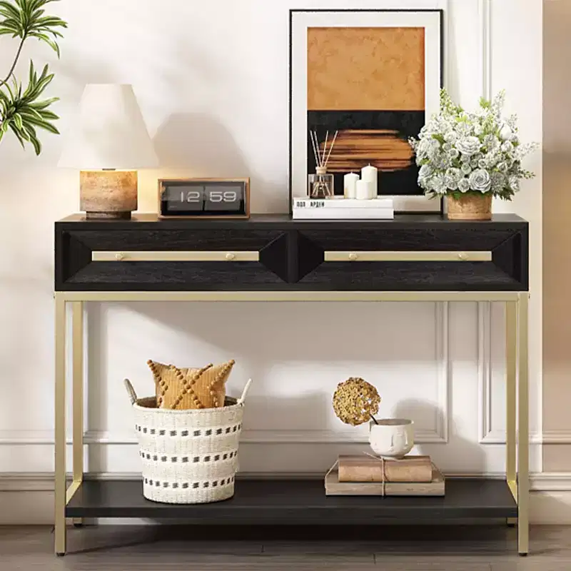 Retro Console Table with Geometric Drawers, Paulownia Wood Entryway Sofa Table with Gold Accents and Storage