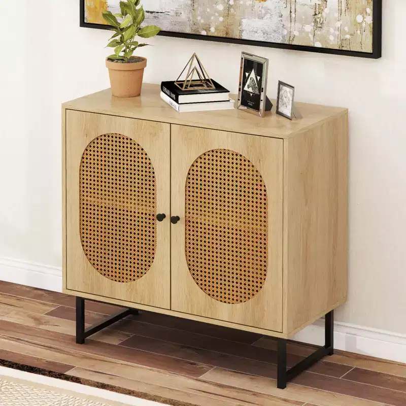 Rattan Buffet Cabinet with 2 Doors, Adjustable Shelf, Metal Legs, Natural/White