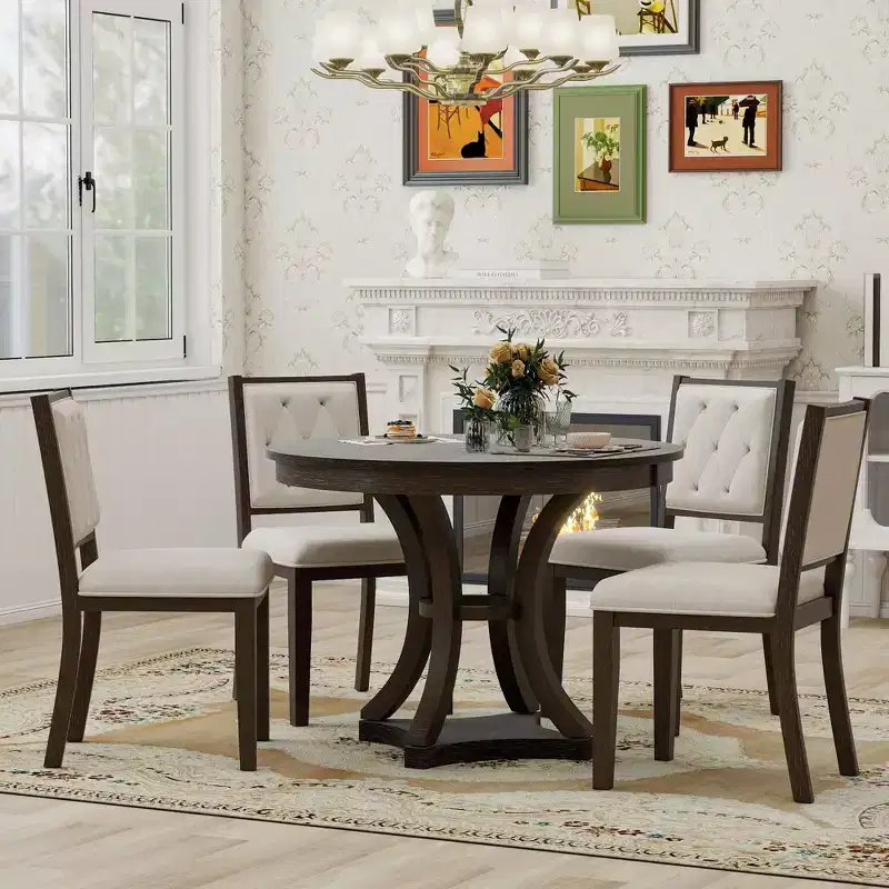 Merax Stylish 5-Piece Retro Dining Set with Extendable Round Table & 4 Upholstered Chairs
