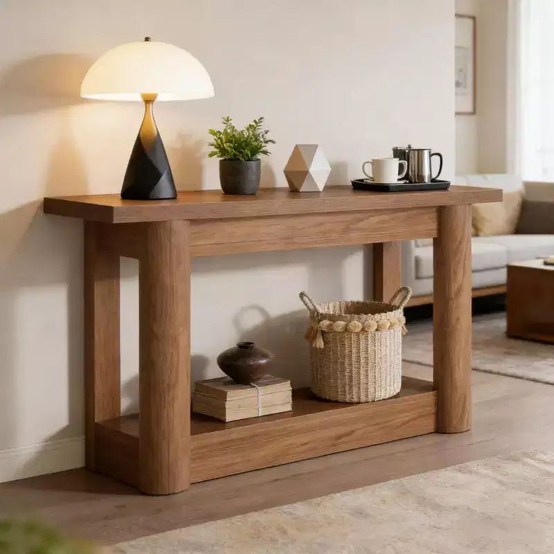 Farmhouse Wooden Rectangular 2-Tier Console Table with Curved Legs