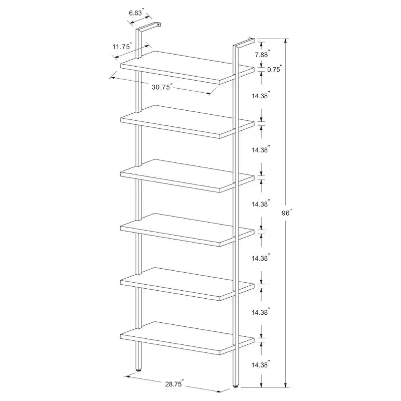 Walnut 6-Shelf Wall Bookcase, Black Metal Frame, 96