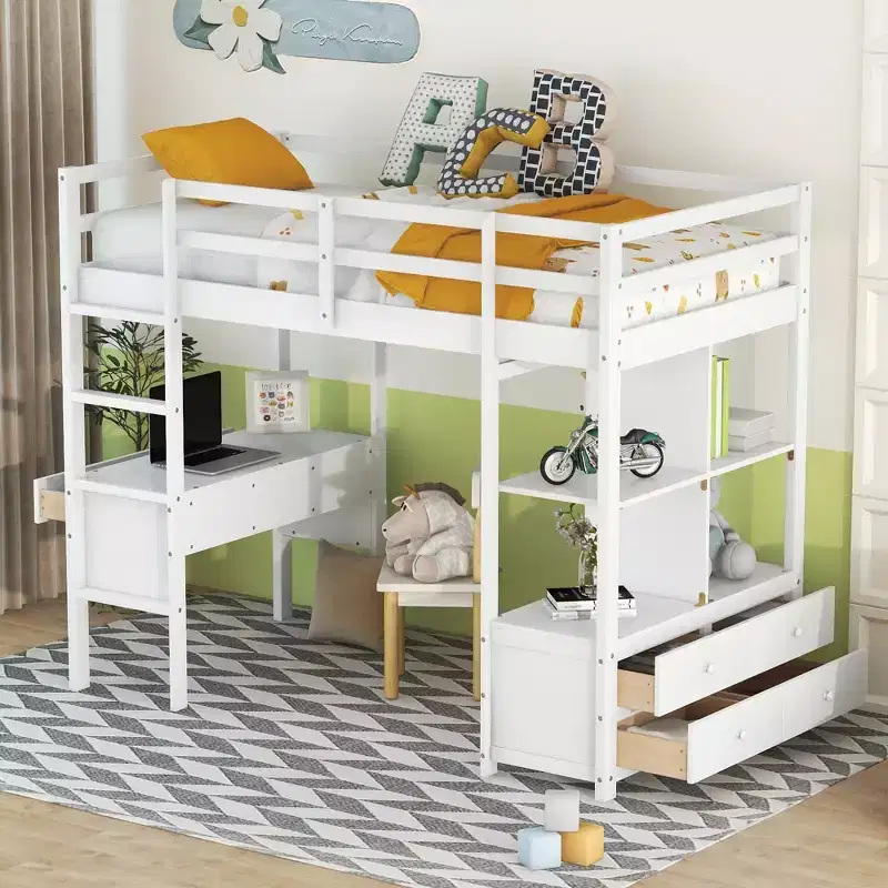 Whisen 78.20''L  57.50''W Wood Loft Bed with Built-in Desk with Two Drawers, Storage Shelves and Drawers