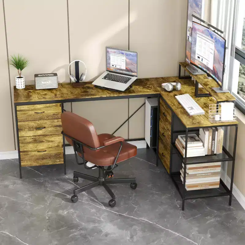 Okak 114IN Industrail L-Shaped Office Desk, Computer Desk with 6 Drawers, 3 Shelves and Movable Monitor Stands, Desk for Home, Office, Brown