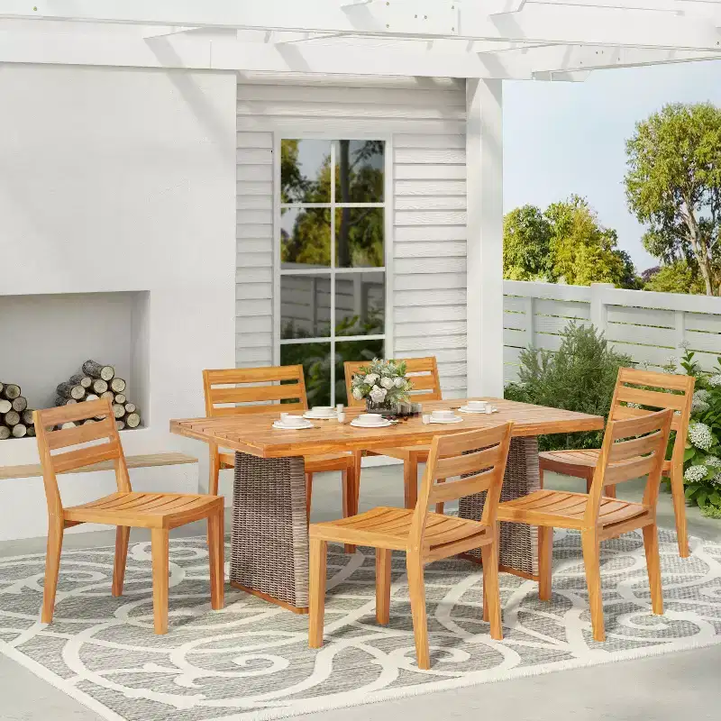 Christopher Knight Home Penelope Rustic 7 Piece Outdoor Acacia Wood Slatted Dining Set with Rattan Table