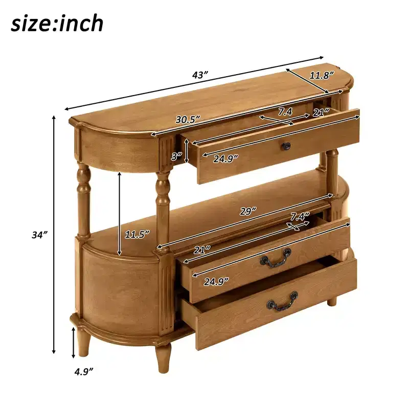 Luxystar 43'' Retro Curved Console Table with 3 Drawers and Storage Shelf for Living Room and Hallway, Brown