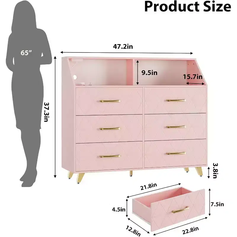 Acekool 6 Drawer Dresser with Power Station, Geometric Front & Gold Legs, Modern Storage Cabinet for Bedroom, Living Room, Entryway