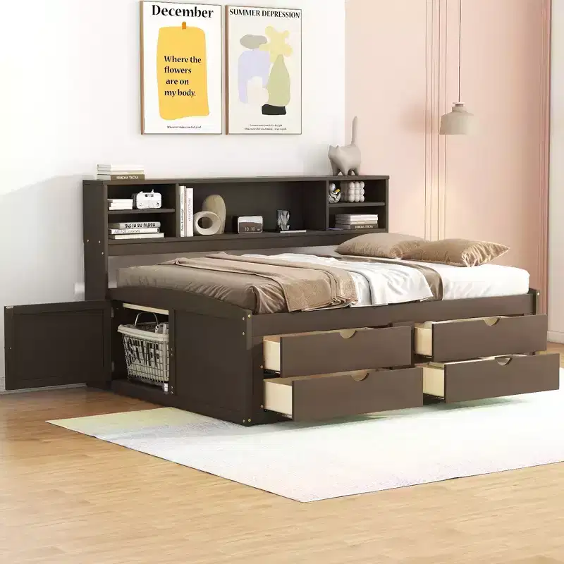 Whisen Full Size Wood Daybed with 2 Bedside Cabinets, Upper Shelves and 4 Drawers