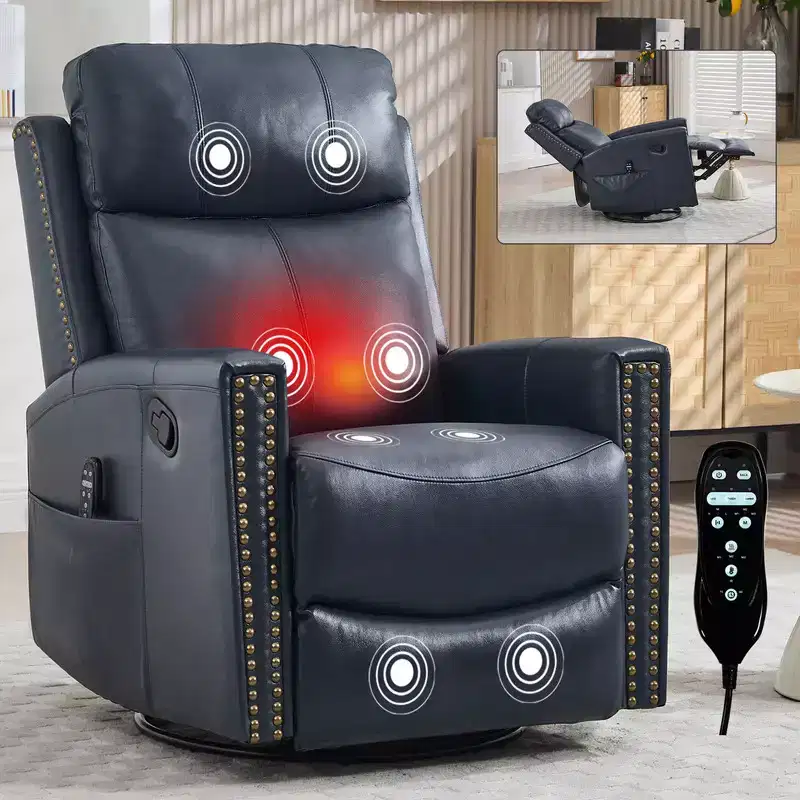 Genuine Leather Heat Massage Manual Recliner Chair with Rocker and Swivel
