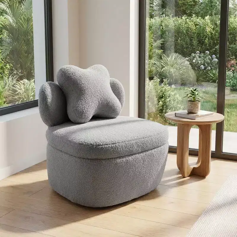 Heart Backrest 360° Swivel Lounge Chair with Storage, Teddy Velvet
