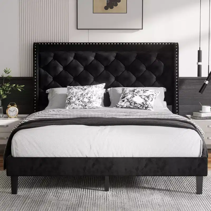 Celebalcony Bed Frame with Wingback Headboard, Queen Size Bed Frame with Tufted and Velvet Fabric, Wood Slats Support, No Box Spring Needed, Black