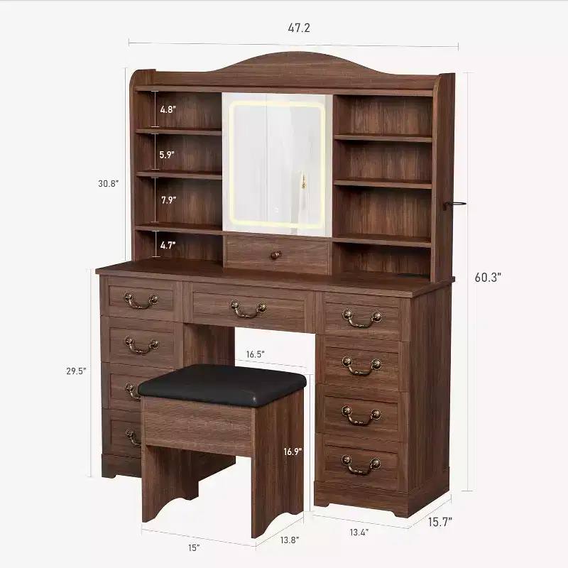 Retro Double-Side Cabinet Vanity Table, MDF Material, Walnut Color, for Bedroom Dressing Area