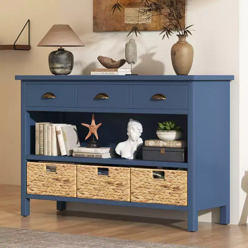Entryway Console Table with Storage, Farmhouse Hallway Table with 3 Drawers and 3 Water Hyacinth Baskets for Living Room or Foyer - Panipeachy