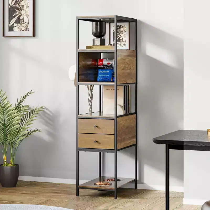 Industrial Bookshelf, Standing Display Shelf with 2 Dog Bowls, Metal and Wood Bookshelf, Dog Feeder Station with Shelves, Brown
