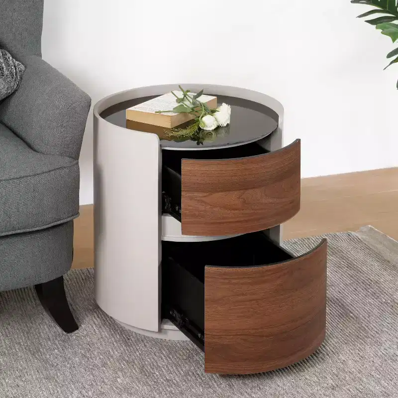 Vintage Round Side Table with Double Storage Shelves Tempered Glass Top Brown Gray