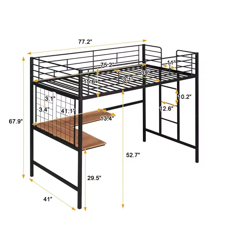 Twin Size Loft Bed with Long Desk and Metal Grid, High Loft Bed Metal Frame with Safety Guardrails and Ladders for Teens Adults
