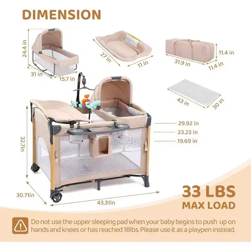 Karl Home 7 In 1 Bassinet Bedside Crib All In One Nursery Center in Beige With Changing Table