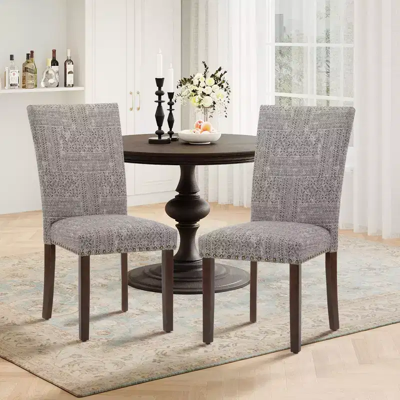 Solid Wood High-Back Dining Chairs - Upholstered Vintage Damask Kitchen Side Chairs for Dining Room