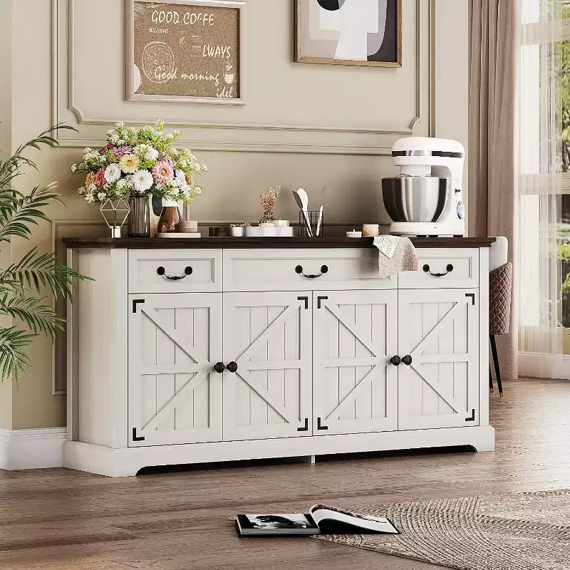 Dyonery 65 Large Buffet Storage Cabinet, Farmhouse Kitchen Sideboard Buffet with 3 Drawers and 4 Doors, Coffee Wine Bar Cabinet with Storage, Walnut