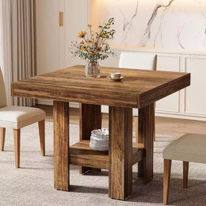 31.5 Square Dining Table for 4, Small Kitchen Table with Shelf Storage for Apartments, Offices, Living Rooms, Restaurants, Brown