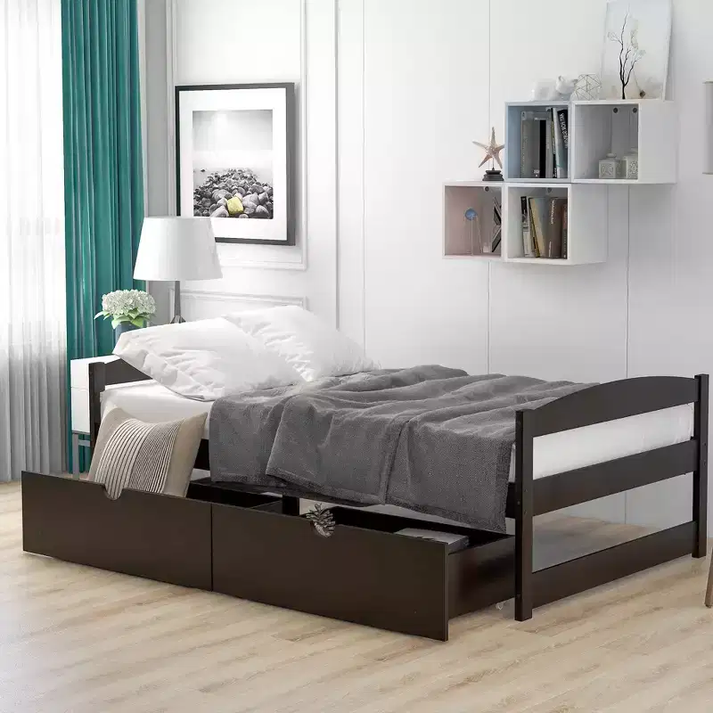 Twin Size Wood Platform Bed with 2 Drawers, Easy Assembly