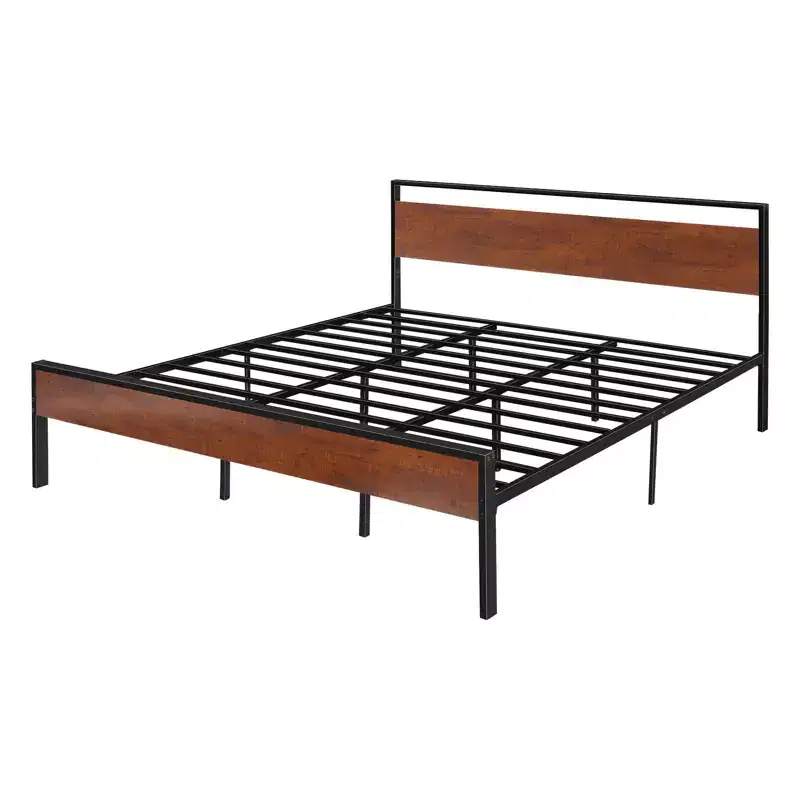 King Size Metal Platform Bed Frame with Vintage Wood Headboard & Footboard - 14