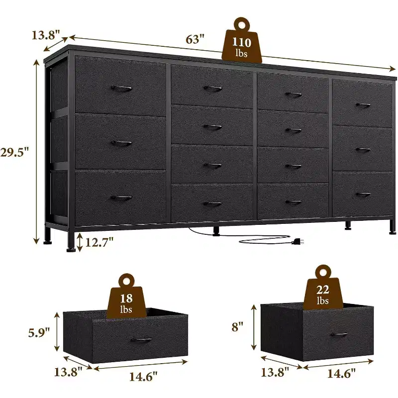63 Extra-Wide TV Stand Dresser with 14 Fabric Drawers & Built-in Power/USB  Entertainment Center for 65-75 TVs, Bedroom Storage Organizer