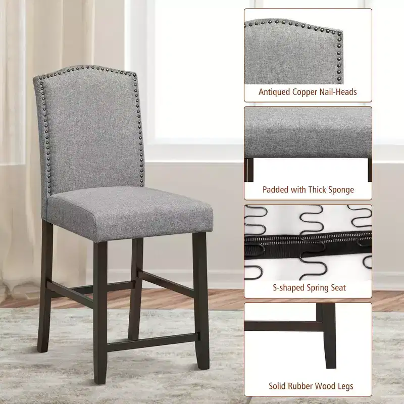 Costway Set of 2 Fabric Barstools Nail Head Trim Counter Height Dining Side Chairs Grey/Beige