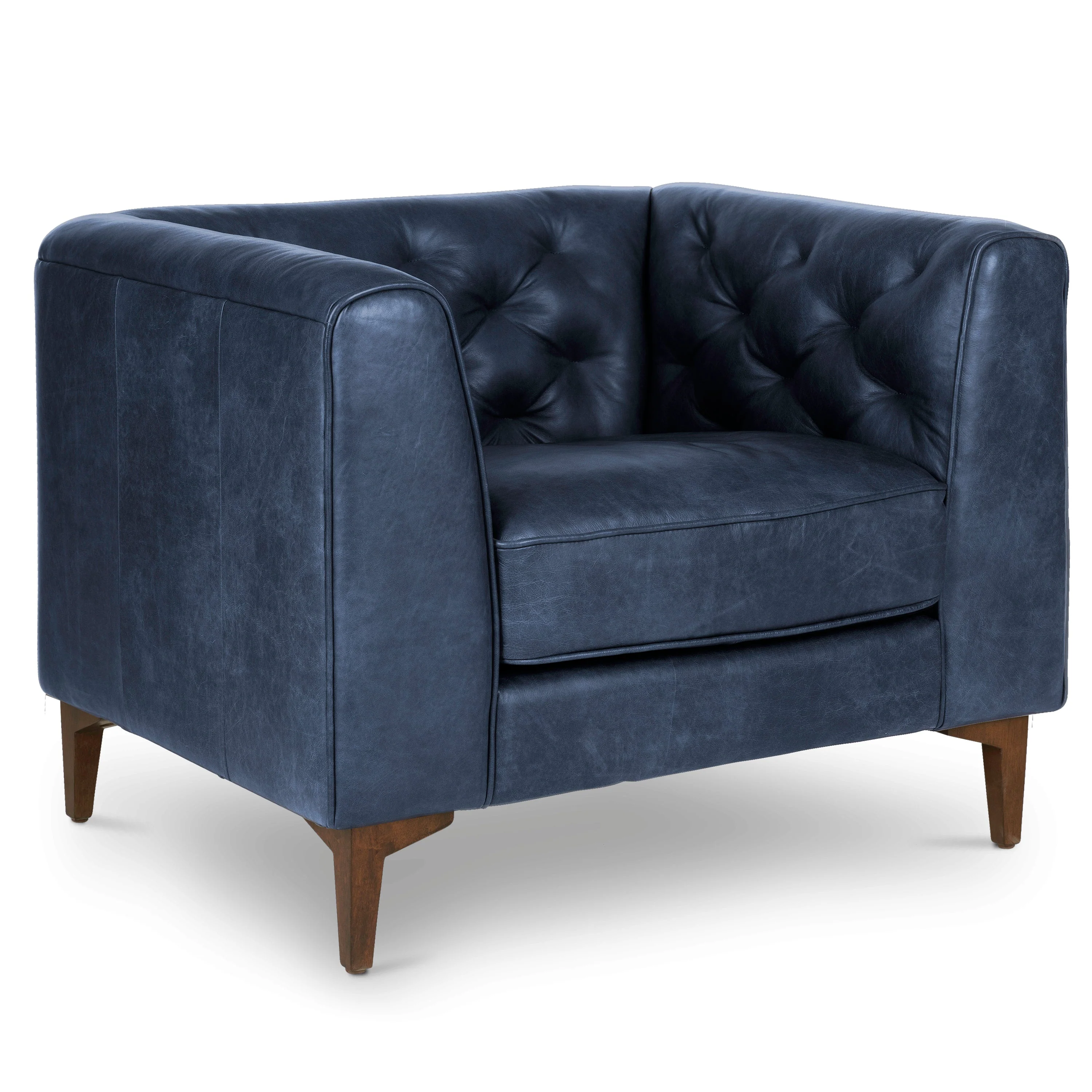 Modern Classic Midnight Blue Leather Lounge Chair with Tufted Back