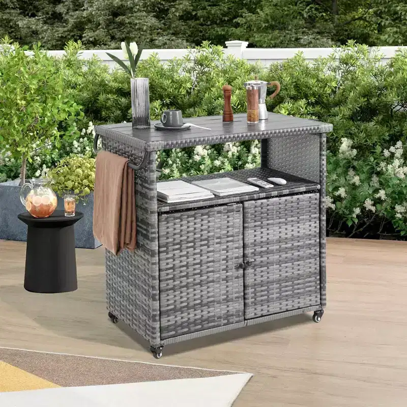 Bar Serving Cart Outdoor Wicker Wine and Beverage Counter with Glass Top for Patio, Gray, 35.2