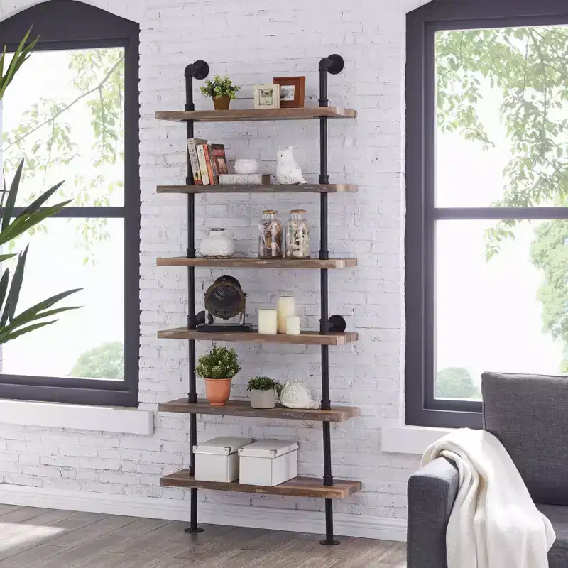 Modern Industrial 6-Tier Iron Pipe wall Mount Ladder Shelf Distressed Wood - Danya B.: Floating, Open Design, Laminated Surface