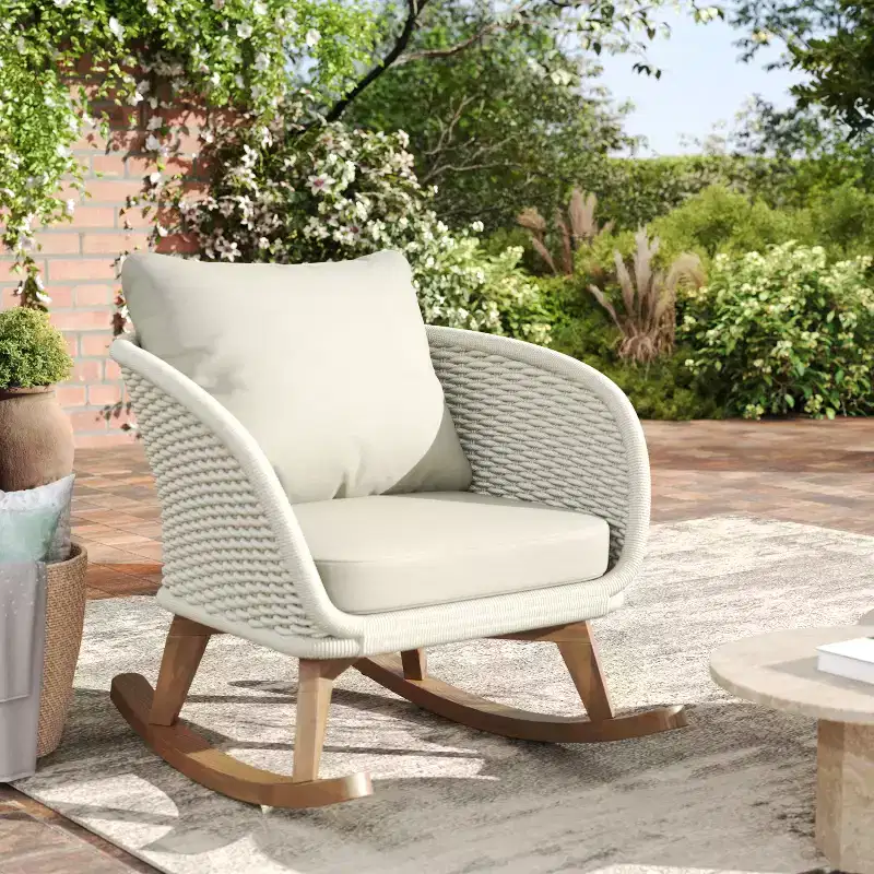 Contemporary Minimalist Beige Wicker Rocking Chair with Soft Cushions, for Patio or Balcony