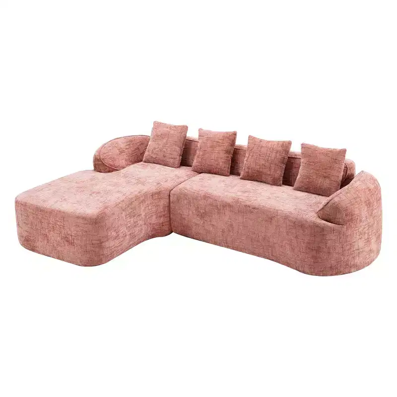 Clihome High-Elastic Chenille L-Shaped Sofa - Curved Armrests & 4 Free Pillows Included