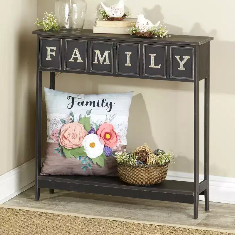 Galvanized Metal Sentiment Console Table with Hidden Storage