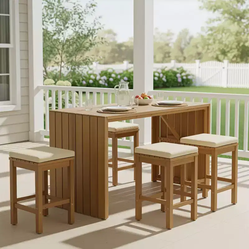 GDFStudio Mason Patio Modern Acacia Wood 5-Piece Bar Height Table Set with 4 Cushioned Stools