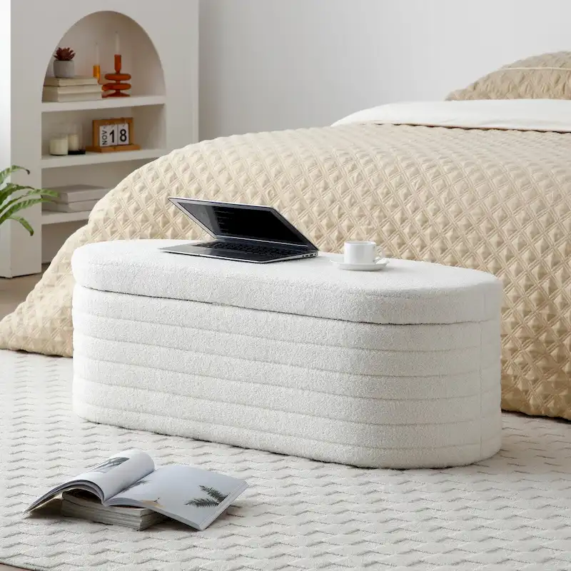 Modern End of Bed Bench with Storage Upholstered Sherpa Fabric Large Storage Bench Ottoman Shoe Stool Long Bench for Bedroom