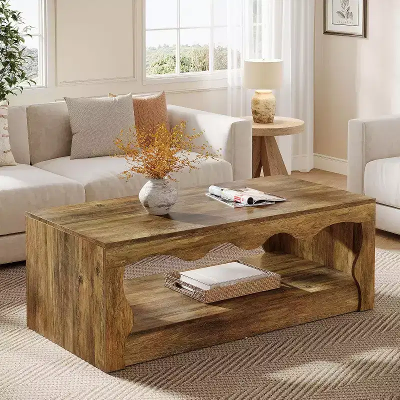 Lantine 47.24-Inch Wooden Coffee Table, 2-Tier Rectangular Accent Center Low Cocktail Tea Table with Open Storage Shelf for Living Room