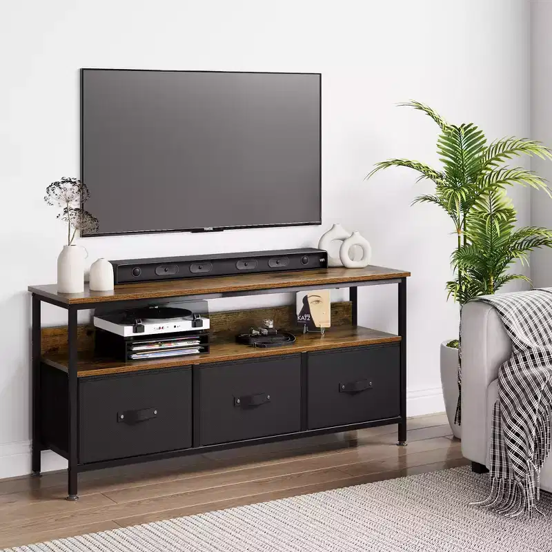 TV Stand with 3 Fabric Drawers and Open Shelf for TVs up to 55 Inches