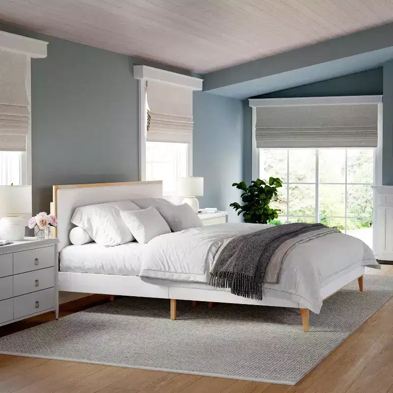 Martha Stewart Flynn Solid Wood Platform Bed with Upholstered Base and Inset Headboard, Wood Slat Bottom, No Box Spring Needed