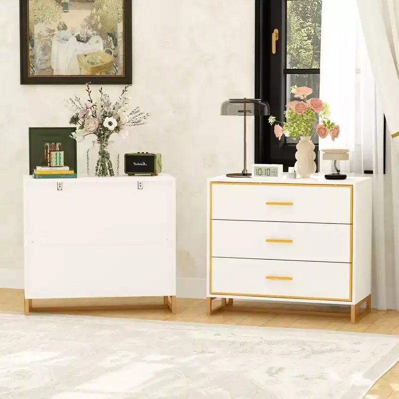 3-Drawer Modern Nightstand with Open Metal Frame, Black & Gold Finish, 28.7