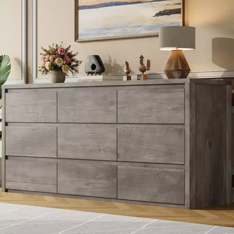 Gray / White 9-Drawer Wide Dresser, Minimalist Style, for 1 Person