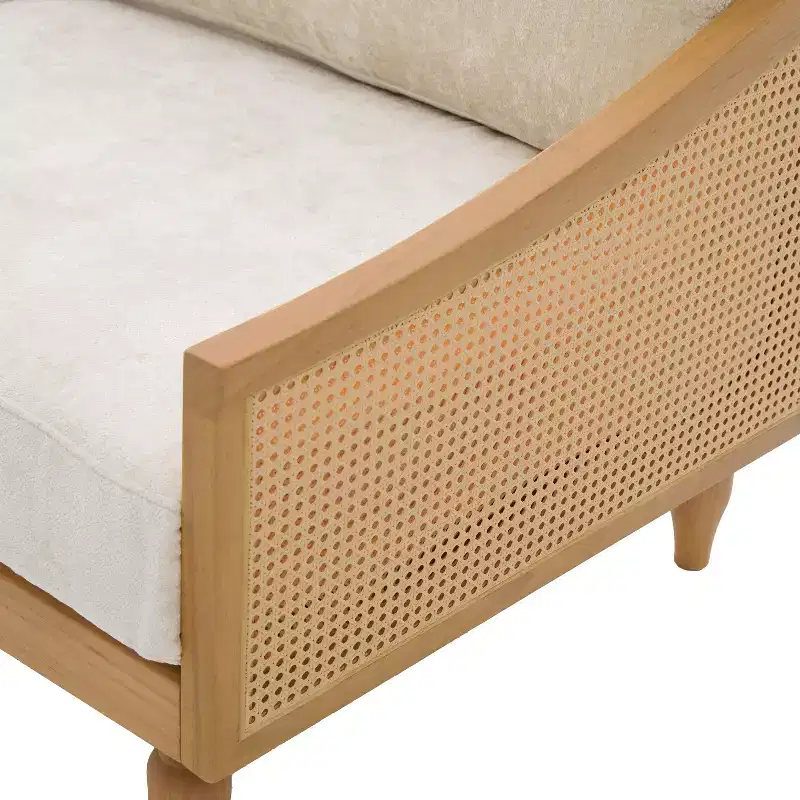 Christopher Knight Home Sachiko 70.9 Mid-Century Modern 2-Seater Rubberwood Chenille Upholstered Sofa with Rattan Armrests