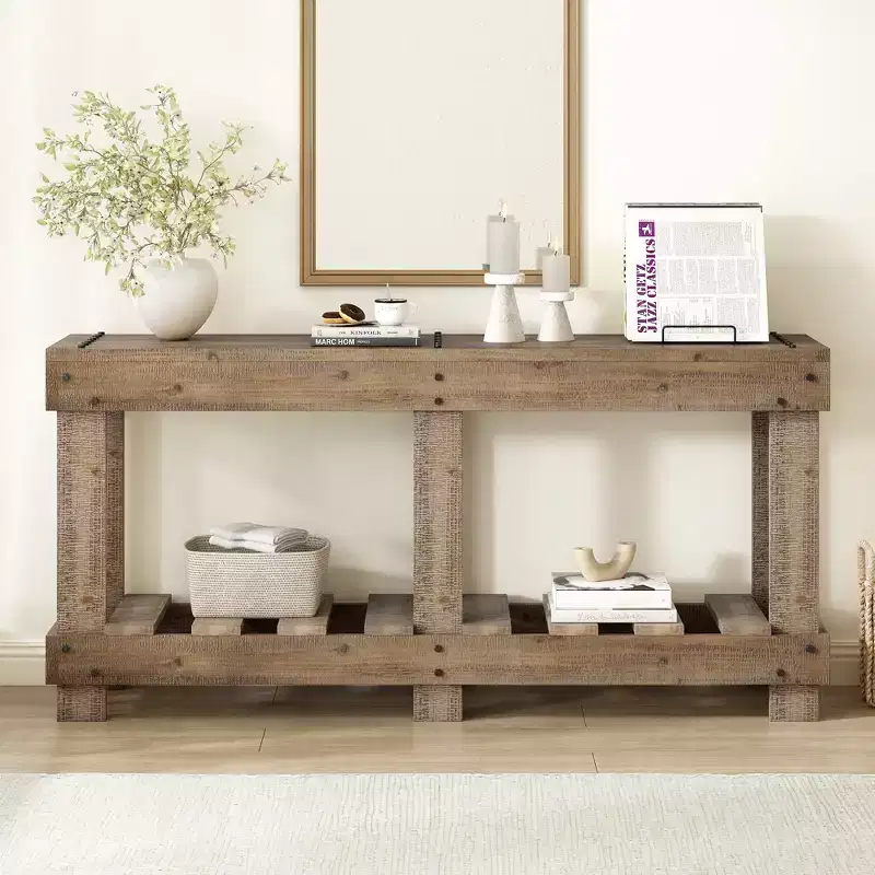 Vintage Console Table with Bottom Shelf & 6 Legs, 63 Inch Entryway Sofa Table with Metal Rivet Decor