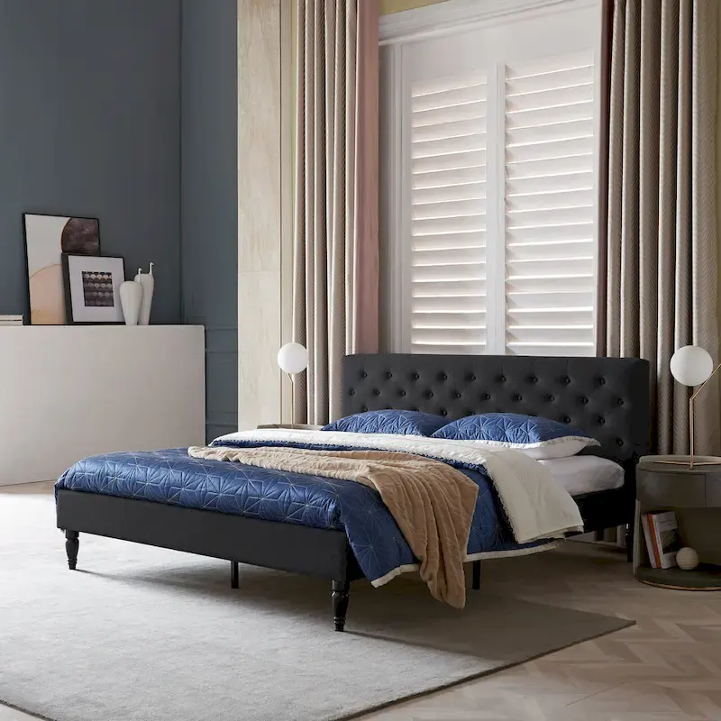 King Size Upholstered Platform Bed with Tufted Headboard, No Box Spring Needed