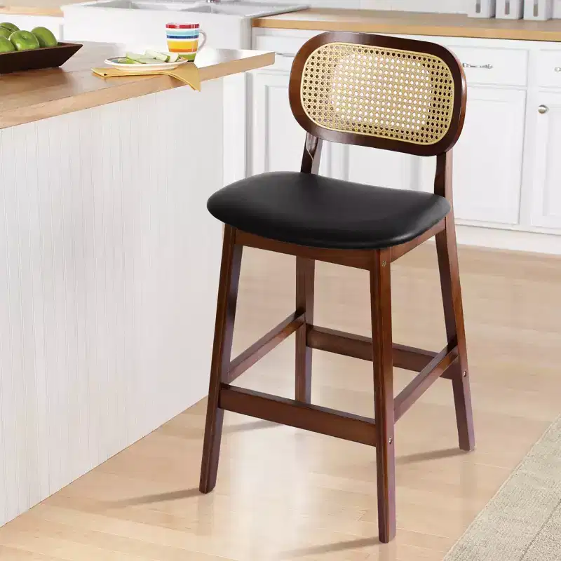 Counter Height Rattan Bar Stool – Faux Leather or Boucle, 25.2