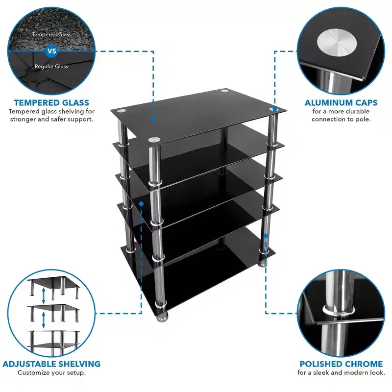 Mount-It! Tempered Glass AV Component Media Stand, Audio Tower and Media Center with 5 Shelves, 220 Lbs Total Capacity, Black Shelves Chrome Legs