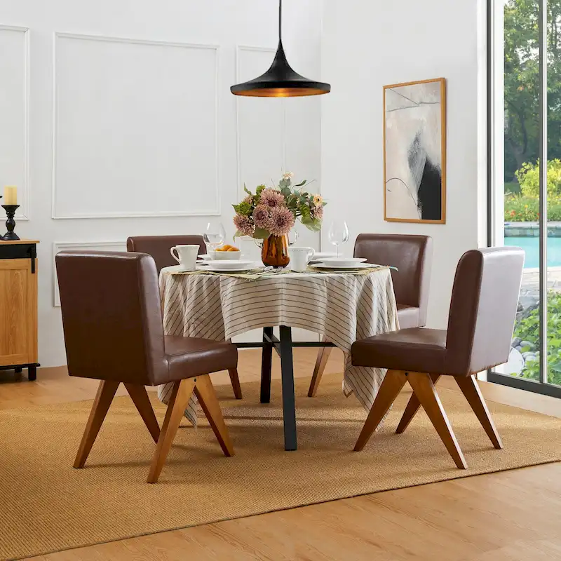 Faux Leather Upholstered Dining Chairs with V-Shaped Wood Legs
