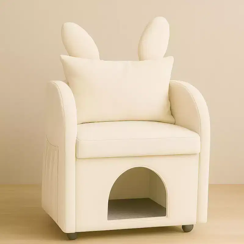 JVNOXK 27-inch Rabbit Ear Pet-Friendly Armchair with Built-in Cat/Dog Hideaway and Side Pockets Comfortable Dual-Use Sofa Chair, Beige