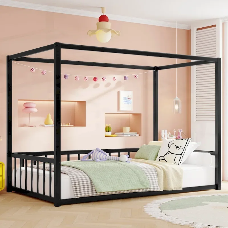 Iron House Bed Frame with Side Guardrails – Full / Queen / Twin